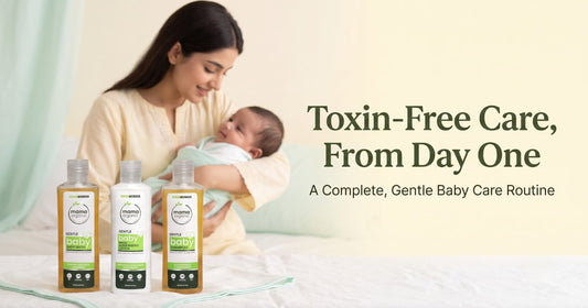 Toxin-Free Baby Care Guide banner - mother holding baby with Gentle Baby Wash, Lotion and Shampoo bottles